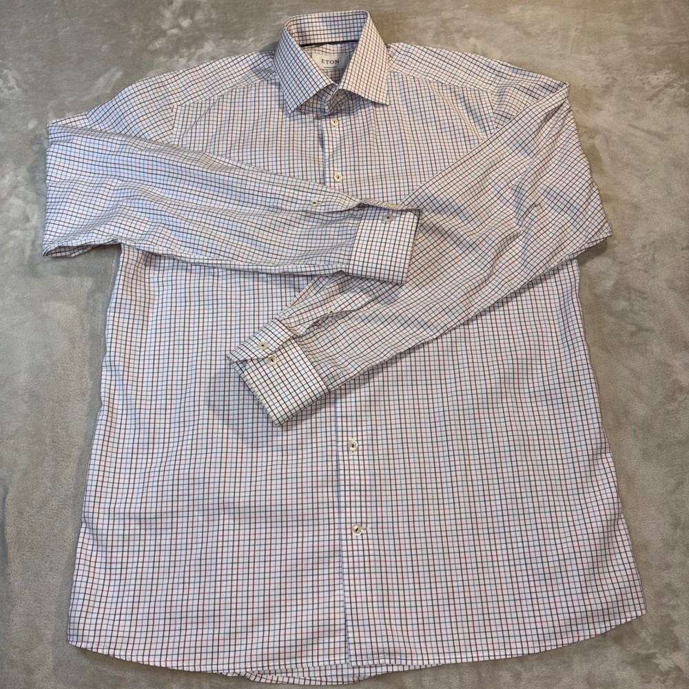 Eton Contemporary Fit Tattersall Check Cotton Dress Shirt 16 41 Blue Red White